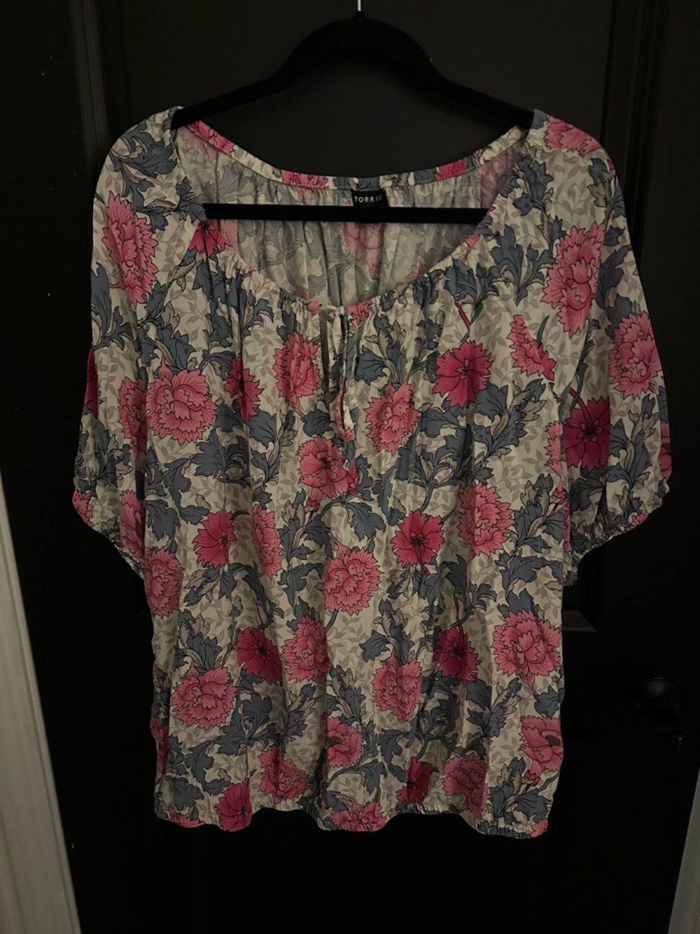 torrid Pink and Blue Floral Tie-Neck Peasant Blouse
